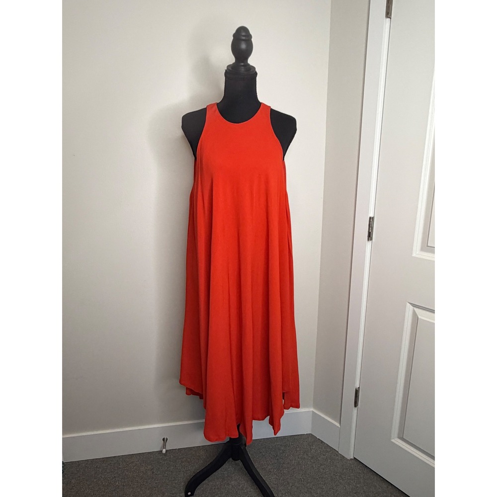 Sen Los Angeles Orange Red Rayon Ghost Trapeze Midi Dress Size 3 Made in USA